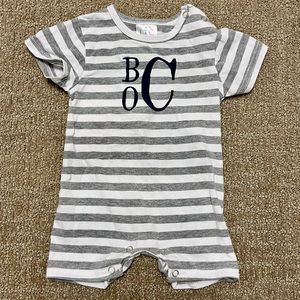 Monogrammed Gray and White Stripes Romper Shortall Embroidered Monogram